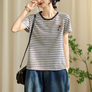 榮西圖（RONGXITU）2025夏季新品日系森女復(fù)古條紋寬松刺繡圓領(lǐng)短袖恤女套頭衫百搭 白色條紋 M