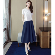 以純YISHION棉麻半身裙兩件套女2025夏季時(shí)尚洋氣小香風(fēng)純色V領(lǐng)上衣休閑套裝 #DY63(白上衣+藏青裙) 兩件套 M (建議80-100斤)