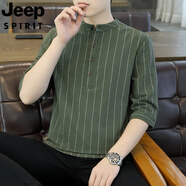 JEEP SPIRIT吉普品牌2025棉麻七分袖t恤男夏季條紋短袖立領(lǐng)五分袖純色百搭潮 8899軍綠色 M 105斤內