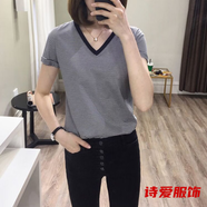 咚憬夏季新款時尚V領(lǐng)條紋連衣裙大碼女裝寬松顯瘦短袖中裙女 V瓴條紋短款T恤 M