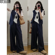 歐絲婕（OUSIJIE）大碼女裝胖mm夏季新款時(shí)尚寬松簡(jiǎn)約T恤馬甲闊腿褲三件休閑套裝女 三件套 2XL 【140-160斤】