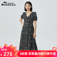 哥弟真的好（GIRDEAR）女裝法式V領(lǐng)泡泡袖高腰氣質(zhì)A字連衣裙8500153 黑 S (2碼)