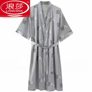 浪莎（LangSha）桑蠶絲睡袍男夏季短袖薄款真絲性感浴袍男中長(zhǎng)款和服睡衣大碼家居 銀色字母袍 【短-款袖】 3XL 185 【170-200斤】