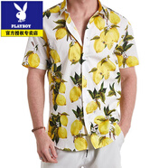 花花公子（PLAYBOY）新款歐美風(fēng)格男裝超大碼短袖襯衫上衣純棉印花氣社會(huì)男裝夏季 花色 M (100-125斤)
