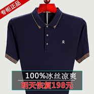 夢(mèng)特嬌（MONTAGUT）正品店夏季男士短袖t恤翻領(lǐng)中老年桑蠶絲寬松大碼條紋爸爸polo衫T 7348藏青 XL 180建議160-180斤