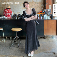 西遇法式泡泡袖連衣裙女2025年夏季新款蕾絲花邊修身收腰網(wǎng)紗長(cháng)裙 黑色 L (165)