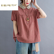 SE.PSTP格子襯衫女短袖夏裝2024新款寬松大碼休閑遮肚減齡娃娃領(lǐng)棉麻襯衣 紅格 XL 【建議120-140斤】