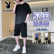 花花公子冰絲T恤男運動套裝2025夏季新款短袖短褲速干休閑一套搭配衣服 黑色 XL