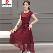 皮爾卡丹（pierre cardin）2025新款專柜冰絲雪紡夏季時(shí)尚新款連衣裙女士無袖中長(zhǎng)款韓版顯瘦 110酒紅 L 【適合100-110的美女】