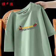 雅鹿短袖T恤男純棉韓版潮流寬松大碼透氣打底衫青少年學生夏天休閑t恤 豆綠/潮酷男孩X 2XL （重155-170斤高175-180）