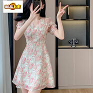 初徑2025新款小個(gè)子v領(lǐng)雪紡碎花連衣裙女夏季法式別致絕美漂亮短裙子 花色 S (95斤以?xún)?