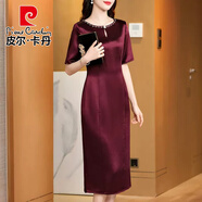皮爾卡丹媽媽醋酸連衣裙婆婆高端正式精致高貴場合禮服喜年輕夏季大碼婚宴 酒紅色 M