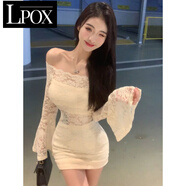 LPOX欲風超仙蕾絲一字肩露肩連衣裙子女秋季修身顯瘦喇叭袖鏤空包臀裙 奶杏色[后背有拉鏈] XL