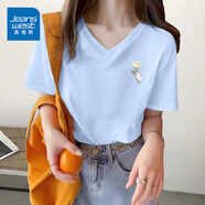 真維斯（JEANSWEST）v領(lǐng)t恤女2025夏季新款純棉短袖女韓版潮流小個(gè)子寬松正肩短袖上衣 天藍 花瓣小白兔_K M