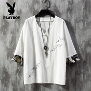 花花公子（PLAYBOY）中國風男裝刺繡亞麻t恤男V領短袖小衫復古半袖夏季棉麻五分袖上衣 白色 M 號