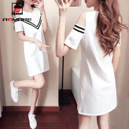 AEMAPE夏裝露肩連衣裙女2025新品中長款顯瘦短袖t恤裙連衣裙休閑A字裙女 白色 【螺紋織帶款】 M 96-110斤穿