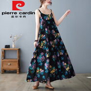 皮爾卡丹（pierre cardin）歐美吊帶連衣裙2025夏季新款寬松減齡洋氣印花棉麻大擺長裙女 黑底花今年流行的輕奢品牌 均碼 大【100-140斤】