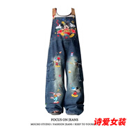 咚憬美式復(fù)古大碼水洗復(fù)古趣味卡通刺繡牛仔背帶褲女寬松顯瘦闊腿長褲 藍色 M (建議95-105斤)
