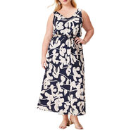 NIC+ZOE 女士長(cháng)款連衣裙 花卉印花 V領(lǐng)無(wú)袖 飄逸裙擺 靛藍多色 X-Small