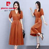 皮爾卡丹（pierre cardin）杭州高端桑蠶連衣裙子女2025新款夏季國際大牌高級感真絲收腰長(cháng)裙 愛(ài)馬仕桔 2XL
