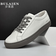 步萊恩（BULAIEN）夏季男鞋子真皮透氣打孔小白鞋男潮流百搭板鞋青年男士休閑皮鞋 米白色 （打孔款） 38 皮鞋碼