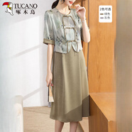 啄木鳥(niǎo)（TUCANO）母親節禮物媽媽裝新中式夏季兩件套連衣裙短袖雪紡裙子中老年女裝 綠色(開(kāi)衫+連衣裙兩件套) 2XL (推薦105-120斤)