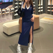 阿迪達斯（adidas）女裙春季新款三葉草女子深V領(lǐng)刺繡標修身側(cè)開叉連衣裙黑色長裙 IP2987/藍色 XS