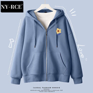NY-RCE早秋連帽開衫衛(wèi)衣女春秋薄款長袖新款秋季外套女款秋裝上衣 灰藍(小花胸標) L