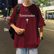 畫枕眠（HUAZHENMIAN）短袖T恤男夏季潮牌2025新款寬松半袖上衣港風(fēng)后背印花冰絲體恤衫 酒紅色 M