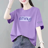 蘇檸檸純棉短袖女裝2025夏季寬松t恤女韓版半袖開叉體恤衫上衣打底衫 深紫色（AT英文） XL 建議120-135斤