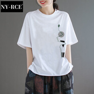 NY-RCE短袖T恤女寬松2025新款夏季大碼時(shí)尚半袖印花韓版休閑打底上衣潮 白色 3XL 145-160斤