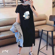 FSAT2025短袖長(zhǎng)裙寬松休閑過(guò)膝t恤裙簡(jiǎn)約中長(zhǎng)款連衣裙女顯瘦夏季 黑色鹿角 商場(chǎng)同款 2XL 商場(chǎng)同款