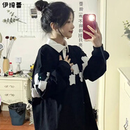 伊琦蕾（YIQILEI）美式復古學院風設(shè)計感polo領(lǐng)衛(wèi)衣女oversize春秋季寬松百搭上衣潮 黑色【常規(guī)款】高品質(zhì)冬季款 L 建議【105-120斤】