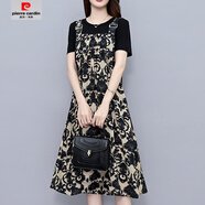 皮爾卡丹（pierre cardin）歐貨固色3D花假兩件連衣裙大碼遮肉遮胯寬松過膝裙子2025夏新 提花假兩件 【高品質(zhì)送退貨包運(yùn) L 建議(95-110斤)