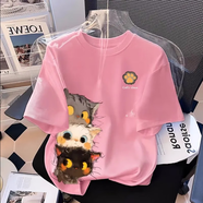 一寸相思夏季白色短袖t恤女純棉2025新款爆款洋氣百搭減齡半袖圓領(lǐng)體恤衫 粉色-好奇貓貓 2XL 推薦125-145斤