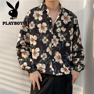花花公子（PLAYBOY）港風(fēng)復古vitage襯衫花男女夏威夷痞帥寬松情侶長(cháng)袖襯衣外套潮牌 銀色 2330黑色 XL