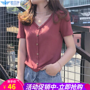 歐貝汐短款t恤女v領短袖寬松白色夏秋季純色韓版學生體恤高腰上衣 磚紅色 S
