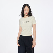 A21女裝針織修身圓領(lǐng)套頭短袖T恤夏季新款撞色印花修身上衣 米杏 M