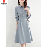 皮爾卡丹（pierre cardin）2025年春季新款純色霧霾藍(lán)收腰翻領(lǐng)連衣裙簡(jiǎn)約通勤時(shí)尚長(zhǎng)袖連衣裙 藍(lán)色 M 建議100-110斤
