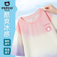 小豬班納兒童短袖T恤夏季2025新款男童冰絲運(yùn)動上衣防曬女童輕薄滿印半袖 【漸變款】粉紫/X粉豬頭K 140 （體重56-68）