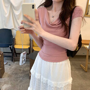 桂岐短袖t恤女一字肩蕩領韓系薄款夏季2025新款修身短款辣妹顯瘦上衣 粉色 均碼 （建議90-120斤）