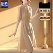 羅蒙天絲緞面連衣裙女2025夏季新款貴夫人短袖高級(jí)感小個(gè)子冰絲連衣裙 杏色 S 100斤以下