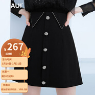 AUI 百搭a字半身裙春裝2022新品歐洲站設(shè)計(jì)感時(shí)尚女裝收腰顯瘦短裙 黑色 S