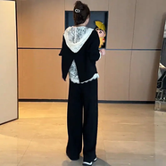索宛亦（SUOWANYI）大碼女裝微胖mm2025新款春裝高級感蕾絲背心顯瘦上衣褲子三件套潮 黑色褲子+黑色上衣+蕾絲打底 XL
