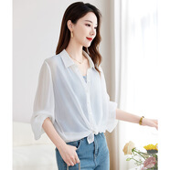 【喬其桑蠶絲】夏寬松100%真絲襯衫女翻領(lǐng)長袖微透防曬襯衣女9972 白色 M (90-115斤)