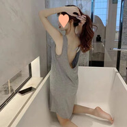 FHHUABD睡衣女夏季韓版性感睡裙中長(cháng)款短袖大碼吊帶連衣裙露背寬松家居服 灰色橫條裙 2XL 【140-155斤】