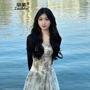 早美（ZaoMei）法式復(fù)古水墨畫碎花吊帶連衣裙女夏季新款仙氣質(zhì)顯瘦裙子女夏天 黑開衫+水墨吊帶裙子 M