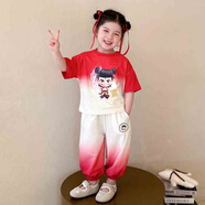 哪咤服裝女童短袖套裝夏裝2025新款女孩寶寶夏季哪吒衣服兩件套 哪吒套裝 可發(fā)光 140 cm