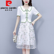 皮爾卡丹（pierre cardin）大碼女裝2025夏季新款中年媽媽時(shí)尚氣質(zhì)刺繡網(wǎng)紗拼接假兩件連衣裙 淺綠色 L 建議100-118斤