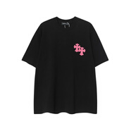 克羅心（chrome heart）官方艦旗春夏皮質(zhì)貼布刺繡高街潮流馬蹄圖案十字短袖粉色男女t店 黑色 S  90-120斤